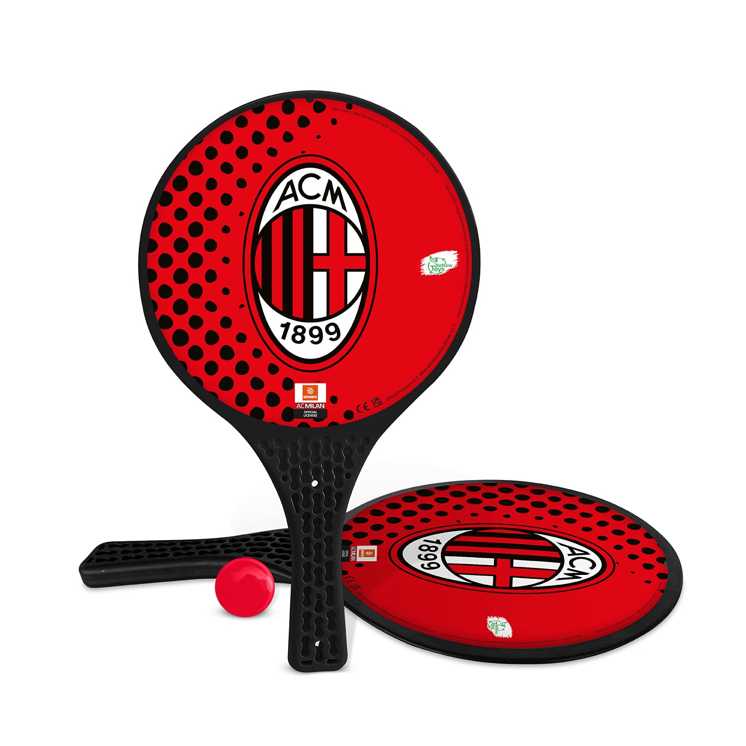 Mondo 15023 National Soccer Club Toys-2 Plastic Rackets-Rubber Ball-Beach Play for Children and Adults-Official Product A.C. Milan Unisex-15023, Rossonero