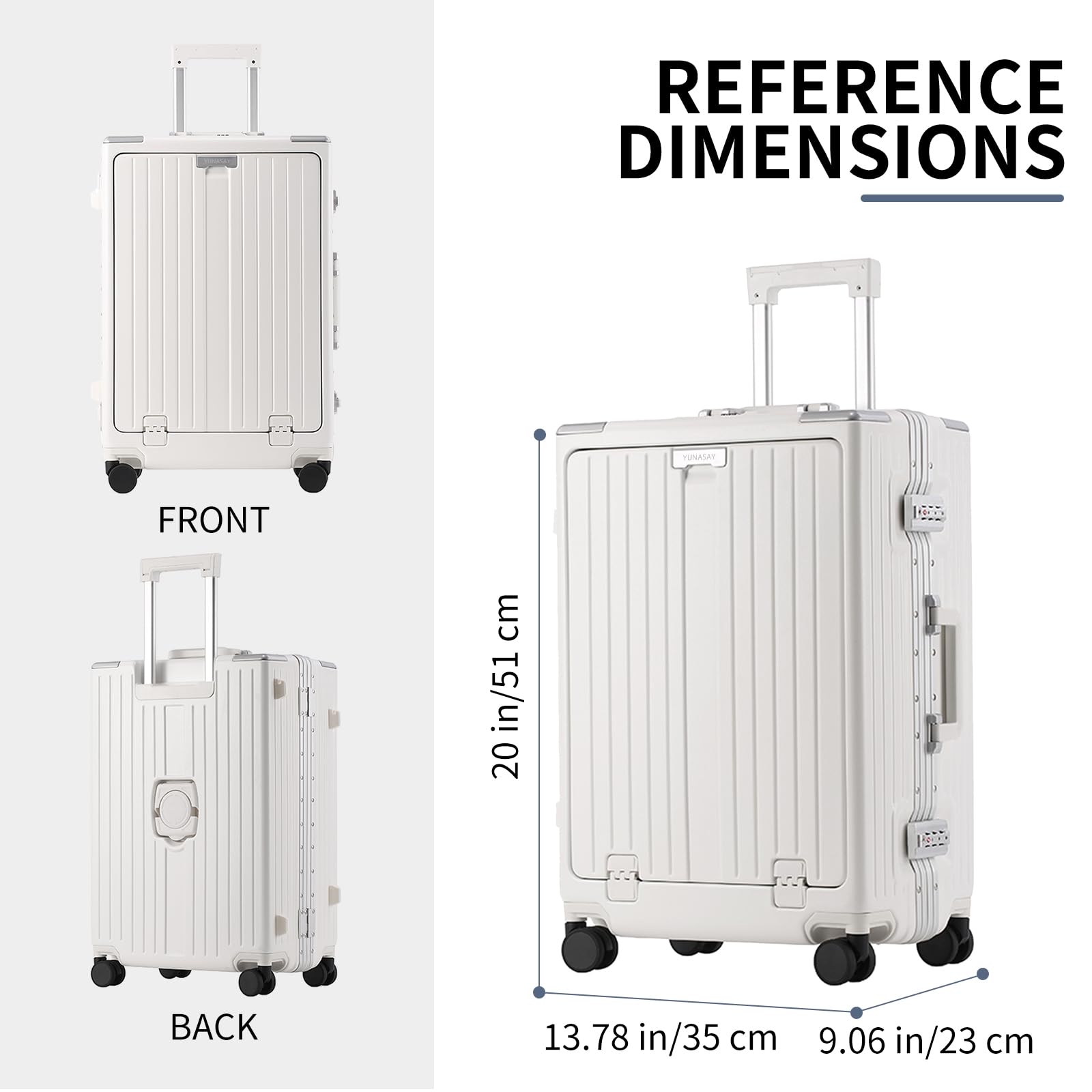 YUNASAY Aluminium Frame Carry on Luggage with Spinner Wheels and TSA Lock, PC Hardside Suitcase with Front Pocket, USB Port, Cup Holder& Phone Holder(White, 20 inch)
