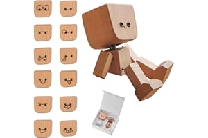 Shaking Wooden Man Figurine for Car Dashboard, Shaking Feet Wooden Doll with 12PCS Magnetic Expressions, Handmade Creative Wo