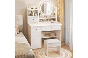 Zupemo Vanity Desk Vanity Mirror with Lights, White Makeup Vanity Table with Mirror and Stool, 4 Drawer 4 Shelves Storage Unit Dresser, Small Vanity Make Up Desk for Bedroom Furniture