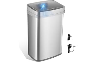 Ninestars 13 Gallon Odor Neutralizing Smart Trash Can, UV + Ozone Dual Purification, Odor Control Motion Sensor Garbage Bin, Universal Power Adapter, ONT-50-81SL Stainless Steel, Silver, Nova Series