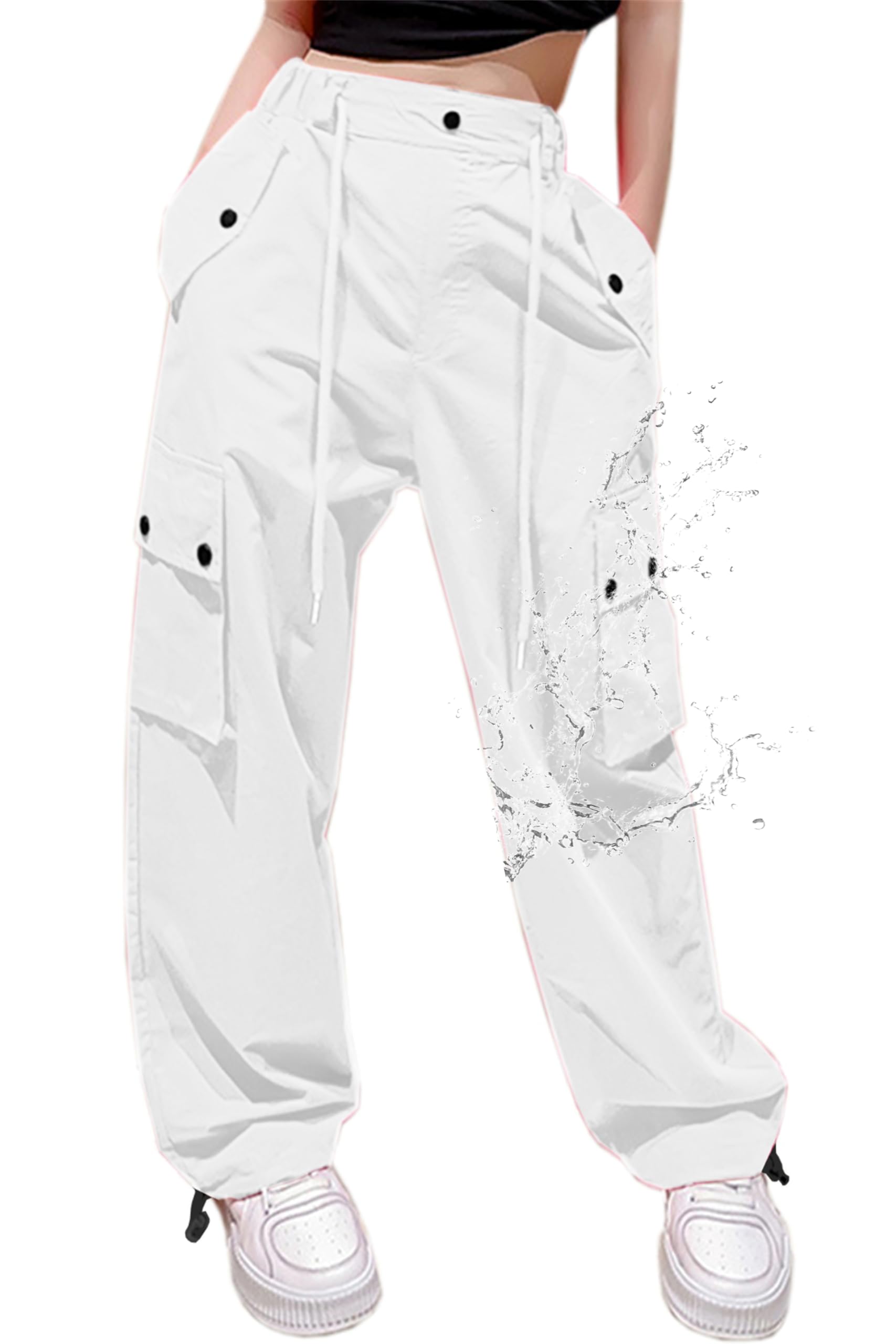 Photo 1 of Cromoncent Womens High Waist Parachute Pants Y2K Cargo Trousers with Pockets, White, S