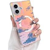 Heaofei Cute Case for iPhone 16 Case for Women Girls [Compatible with Magsafe] Aesthetic Iridescent Cloud Pattern Design, Girly Glitter Sparkly Bling Rectangle Magnetic Protective Phone Cover