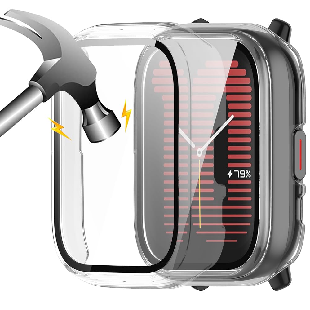 Akancy [2 Pieces] Hard Case Compatible with Amazfit Active with Protective Film, 9H Hardness PC Case Hart Slim Tempered Glass, Transparent