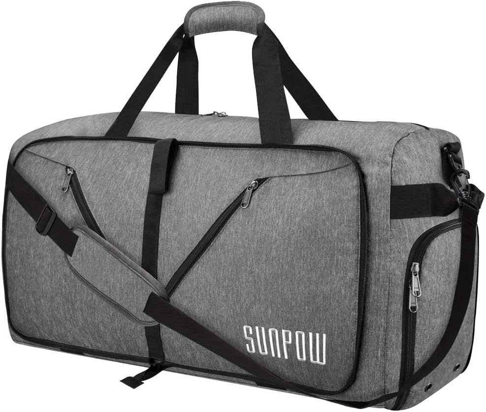 SUNPOW 65L Travel Duffel Bag, Weekender Bag With Shoes Compartment Tear Resistant Foldable Duffle Bag For Men Women Light Grey