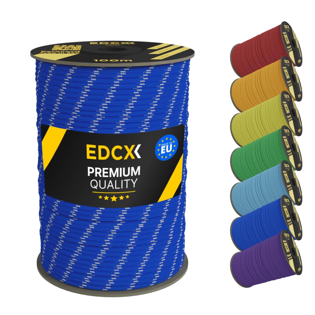 EDCX 4mm Nylon Paracord 550 100m (330 feet) | Ideal for Camping, Survival, Outdoor, Crafting, DIY | 100% Nylon Rope 4mm | Paracord 550 Type III in Solid Color (Reflective Blue, 100 m)