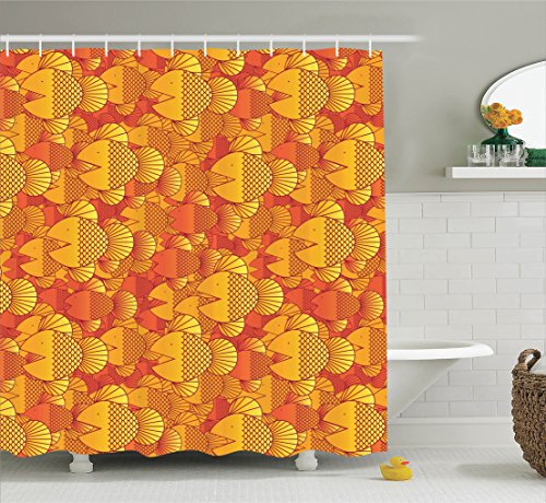 Ambesonne Burnt Orange Decor Collection, Contemporary Illustration of Group of Swimming Goldfish Random Retro Style Home, Polyester Fabric Bathroom Shower Curtain, 75 Inches Long, Orange Yellow