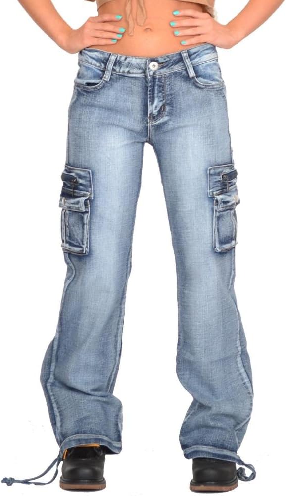Glamour Outfitters Wide Leg Faded Vintage Wash Denim Cargo Pants Combat Jeans - Blue