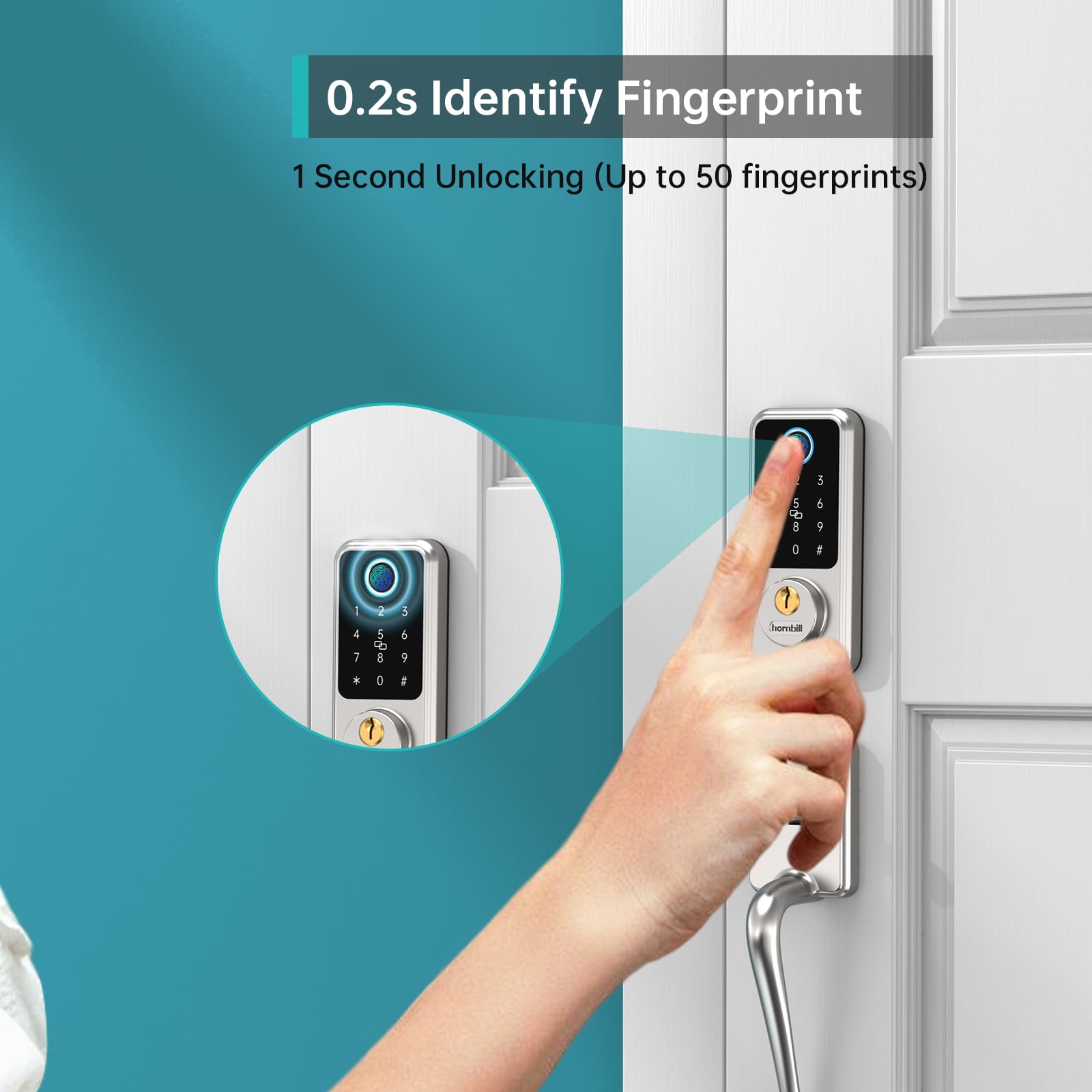 hornbill Biometric Fingerprint Smart Lock with Front Door Handle Set, Keyless Entry Smart Door Lock with Keypad, 8-in-1 Smart Deadbolt, Digital Smart Door Lock, Bluetooth Door Lock with Auto Lock