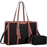 LOVEVOOK Laptop Bag for Women 15.6 inch Lightweight Canvas Laptop Tote Bag, Large Capacity Computer bag with Clutch Purse for Business, Work, Office, Travel, School（Black & Brown，15.6 Inch）