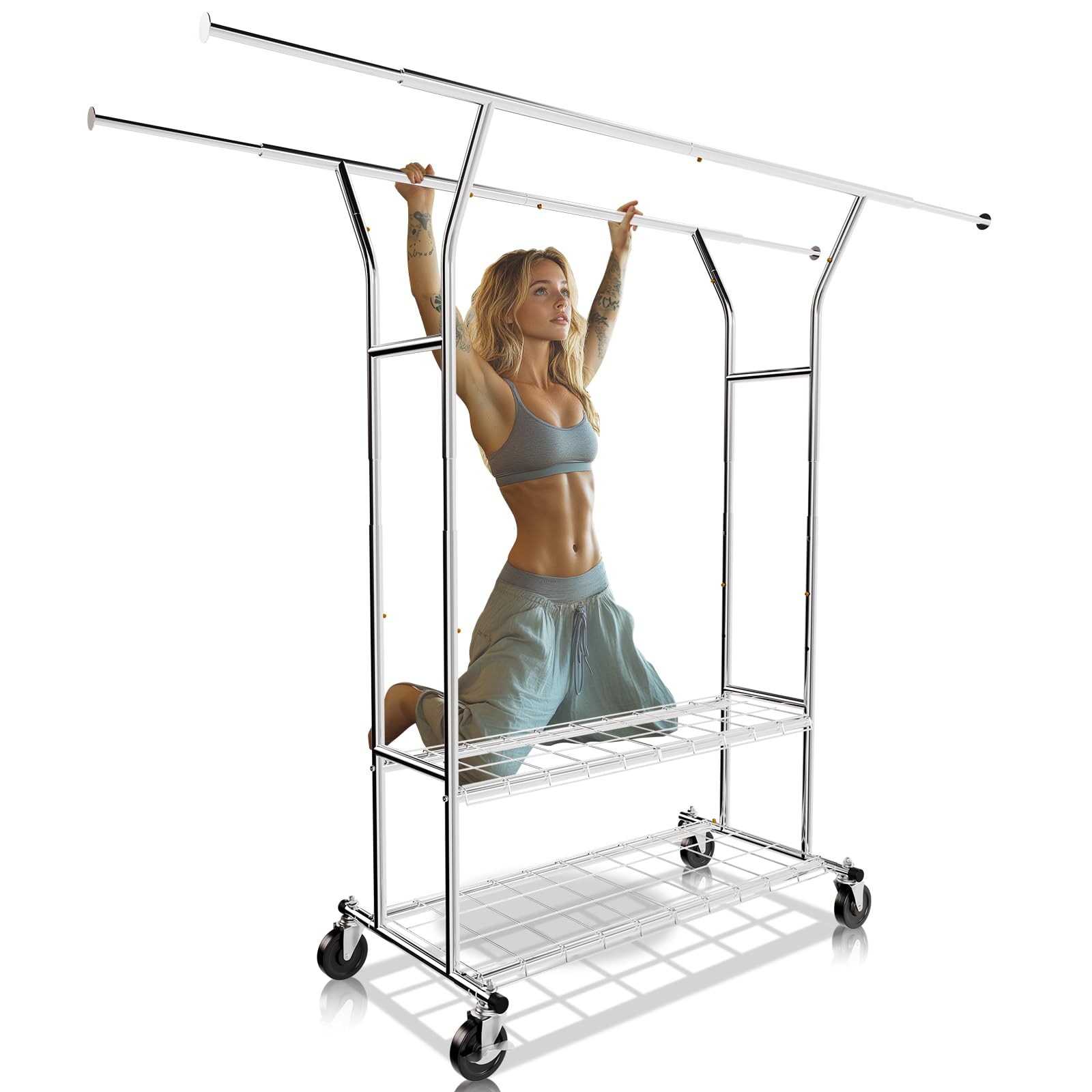Photo 1 of ****MISSING PARTS**** FAHKNS Heavy Duty Clothes Rack, Rolling Clothing Rack with Thicken Pulley Load 600 Lbs Double Rod for Hanging Clothes, Portable & Adjustable Garment Rack with Double Shelf
