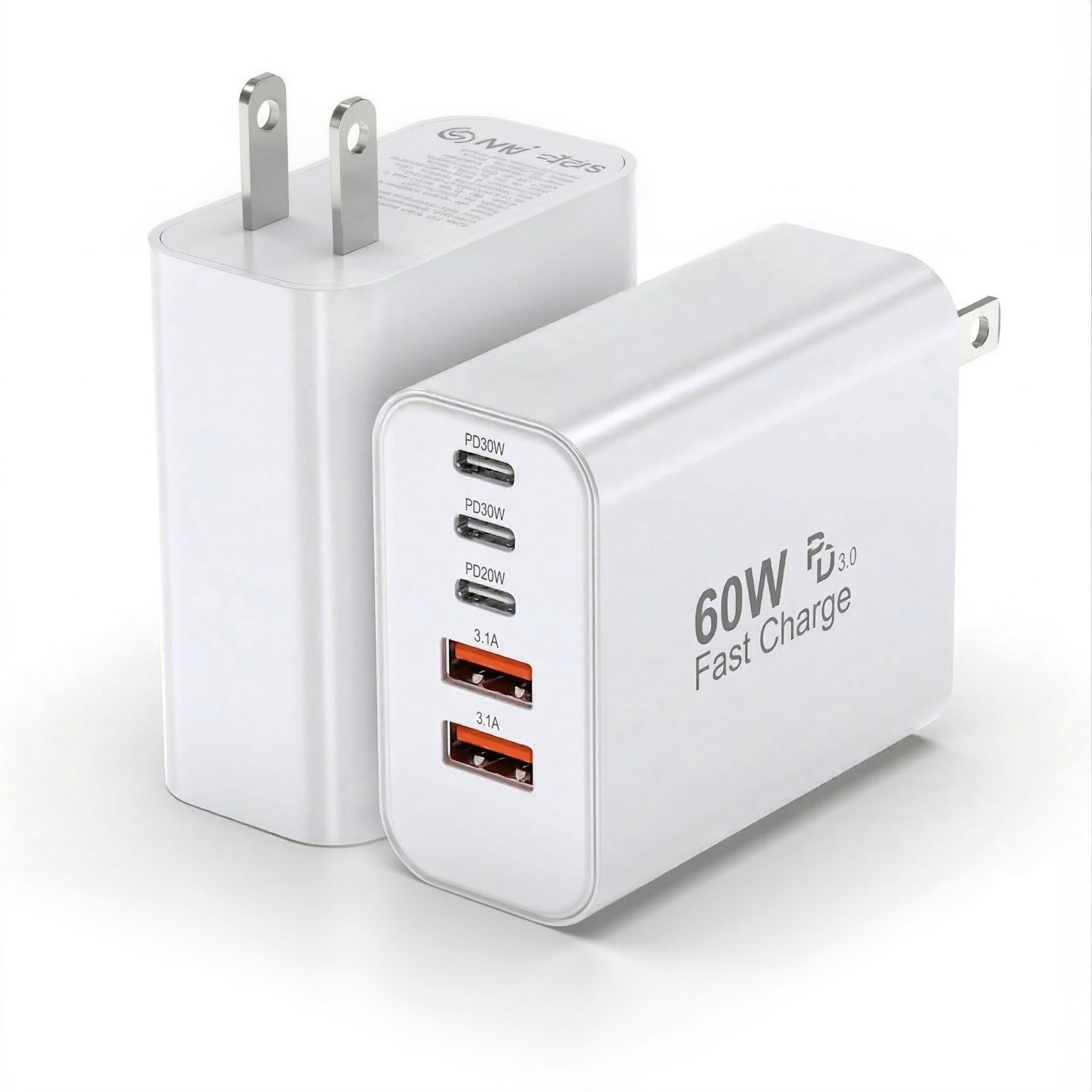 USB C Charger Block, 2-Pack 60W 5 Ports USBC Wall Charger Plug Fast Charging, QC Multiport PD Adapter Chargers,Type C Box Brick Cube Compatible with iPhone 17 16 15 14 13 12 Pro Max, Samsung