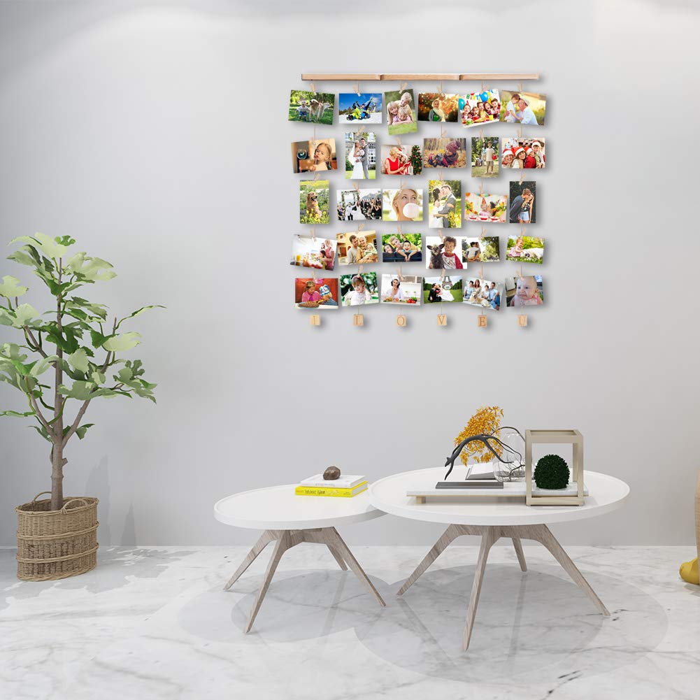 Uping Hanging Photo Display Wood Wall Photo Display Board with Rope and 30 Small Memo Clips | 66 cm x 74 cm | Design Photo Frame