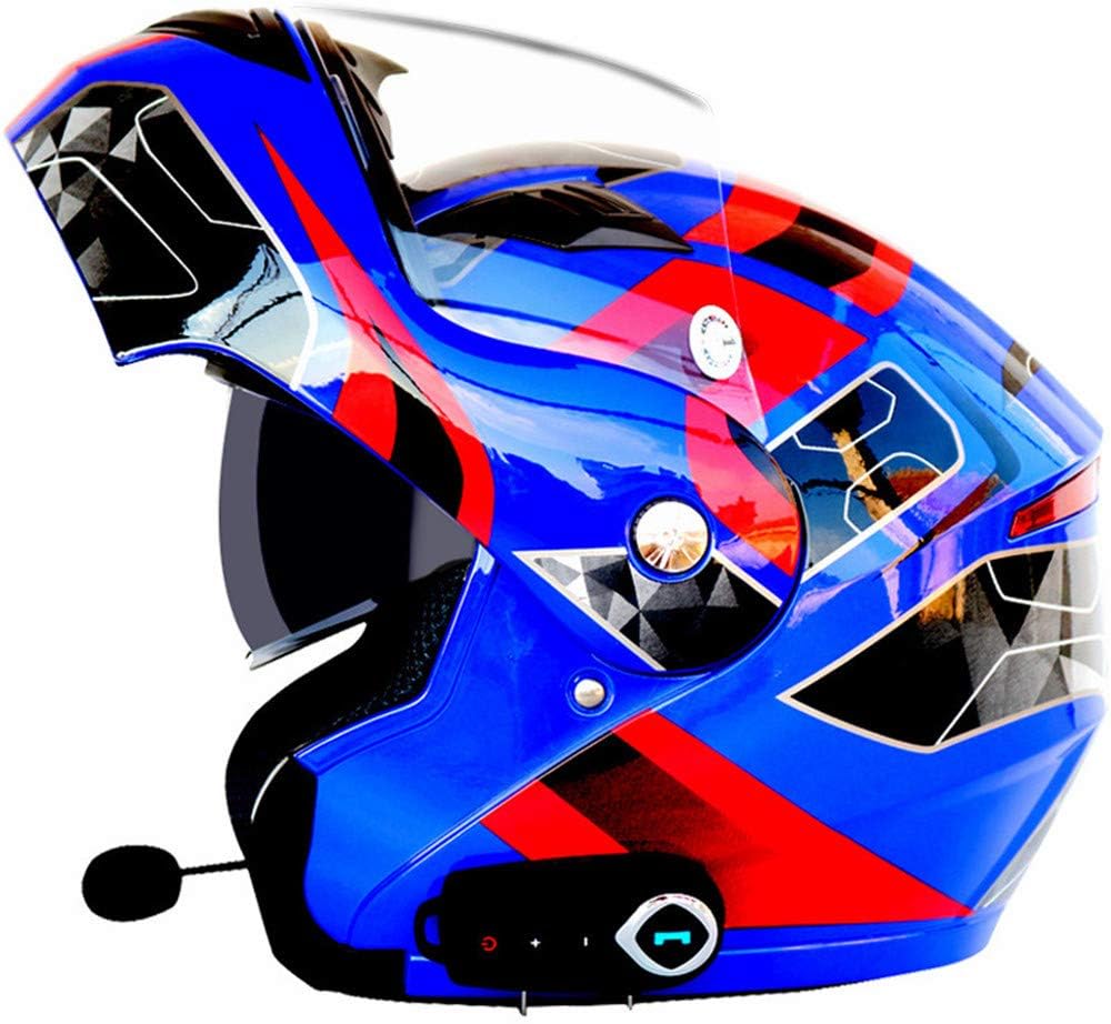 Oeyal Full Face Motorcycle Street Bike Helmet Anti-Fog Flip up Dual Visors Motorcross Helmets with w/Bluetooth, MP3, GPS (X-Large, Blue-Red)
