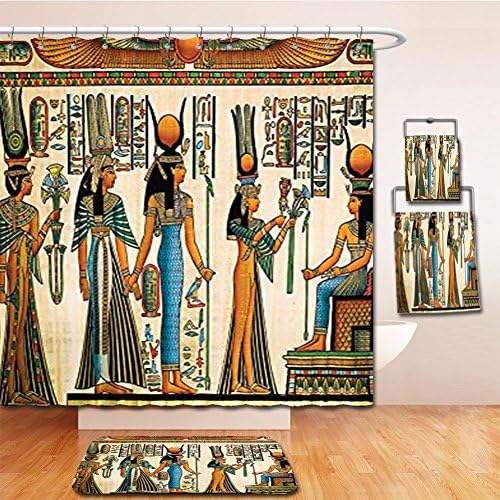 LiczHome Bath Suit: Showercurtain Bathrug Bathtowel Handtowel Egyptian Decor Collection Egyptian Papyrus Depicting Queen Nefertari Making an Offering to Isis Picture Tapestry Blue Teal Orange
