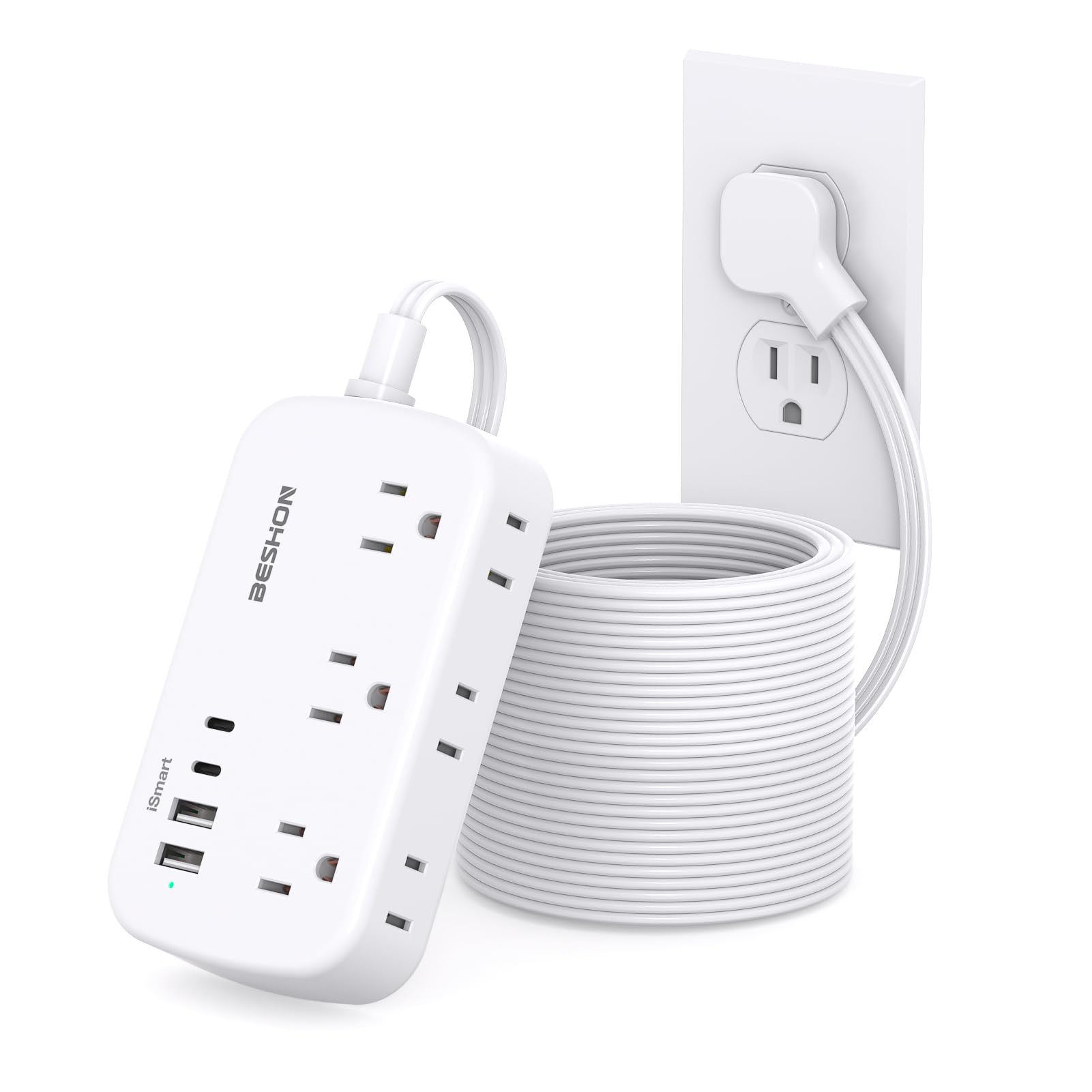 Flat Plug Extension Cord, Power Strip 25FT, 6 Outlets with 4 USB Ports(2 USB C), Wall Mount Charging Station, No Surge Protector for Home Office College Dorm Room Travel Essentials Image