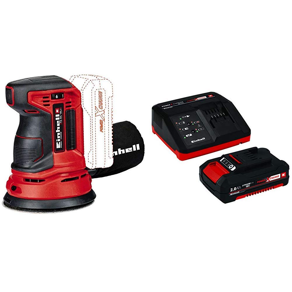 Einhell TE-RS 18 LI Solo Power X-Change Cordless Random Orbital Sander, Battery and Charger Starter Kit with 1 x 2 A Li-Ion, 18 V, Red