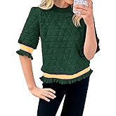Fisoew Womens Quilted Pattern Cropped Sweatshirts Casual Crewneck Half Lantern Sleeve Textured Ruffle Loose Pullover Tops