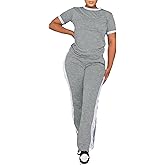 PINSV Women's 2 Piece Outfits Short Sleeve Tops Sweatpants Colorblock Bodycon Lounge Sets Tracksuit