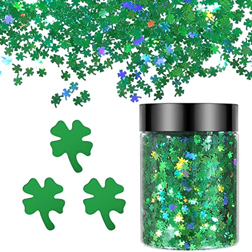 【48g/1.69oz Clover - 4mm】 Holographic Chunky Glitter, LightStone Sparkles Glitter, Bulk Glitter for Crafts Resin, Painting, Nail Art, Hair, Tumblers, Slime, Festival Decor, etc (Green)