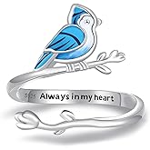 Salloog Blue Jay Ring for Women: 925 Sterling Silver Hypoallergenic Always In My Heart Bird Adjustable Open Rings Jewelry Gifts