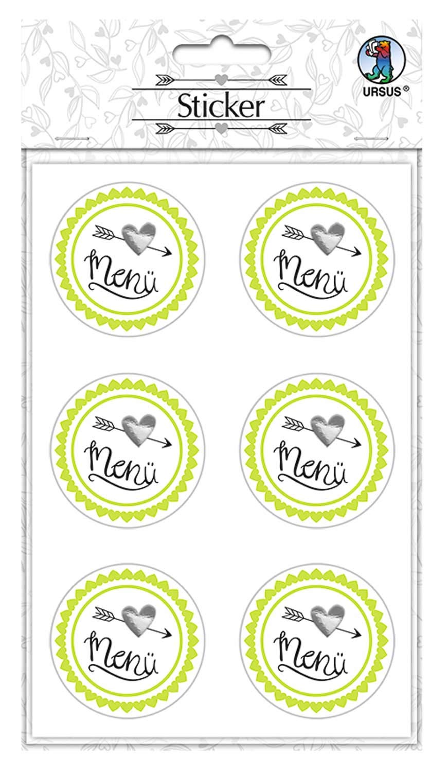 URSUS 59530006F Sticker Wedding 24 Stickers with Lettering Menu, Self-Adhesive and Foil Finish, Diameter Approx. 4.8 cm, Multi-Coloured