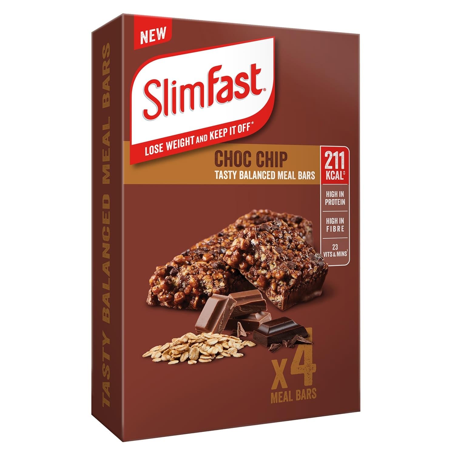 SlimFast Choc Chip Meal Replacement Bar - 4x60g - Low Calorie Meal Replacement for Weight Loss & Diet - 15g Protein, 23 Vitamins & Minerals, 221 Kcal - Meal Replacement Shake Alternative