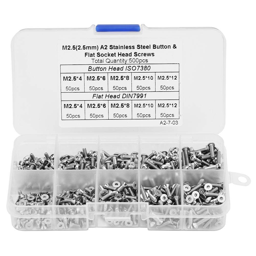 Zunate Screw Set, 500pcs Stainless Steel Hex Screws & Nuts Assortment, M2.5 Button Flat Head, 4mm-12mm, Storage Box Included