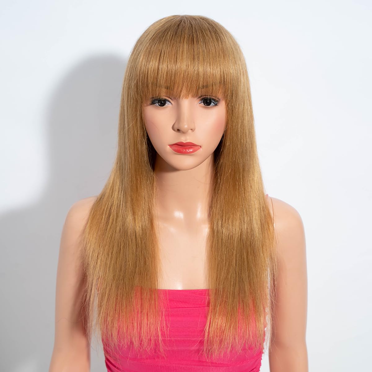 Rebecca Fashion 18 Inch Honey Blonde Straight Wigs with Bangs Human Hair Wigs for Black Women None Lace Front Wigs 10A Brazilian Virgin Hair Glueless Machine Made Wig