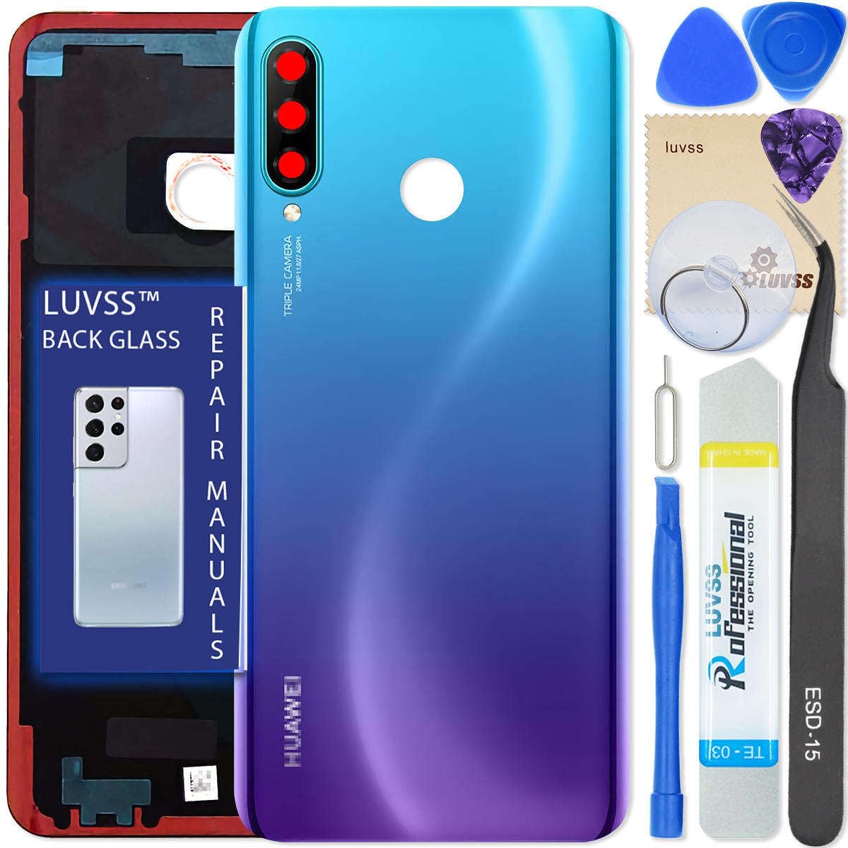 LUVSS Back Glass Cover Replacement Compitable for Huawei P30 Lite Rear Cover + Camera Lens + Repair Manual DIY Tools Kit (Blue)