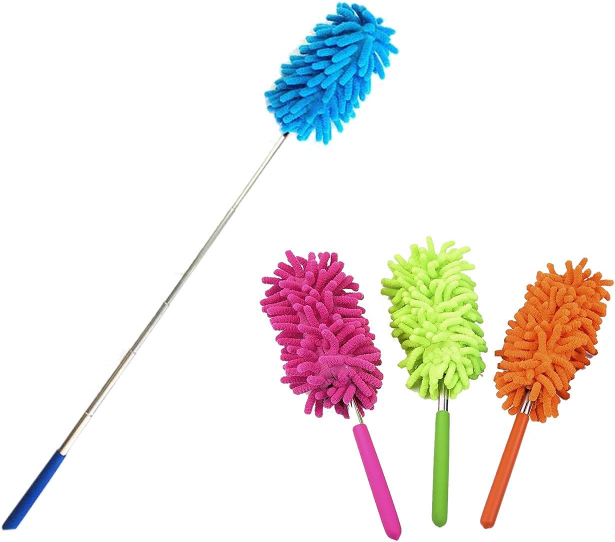Liyhomez 2-Pk Telescopic Retractable Microfiber Duster, Extend 10" to 28", Washable Extendable Brush for Home and Office Compact Storage (Blue and Orange)