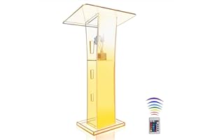 VAKIORN Acrylic Podium Lectern Pulpit, 43” Pulpit for Churches with 15 Colors Adjustable, Modern Lectern with Storage Shelf for Classroom, Conference, Wedding and Music Concert Event (23.62”x 15.75”X 43.3”)