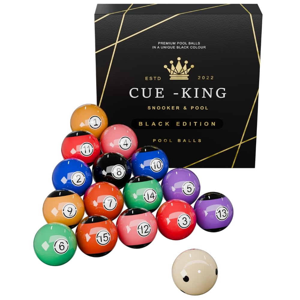 Cue-King Black Edition Pool Balls, Grade AA+ 2-1/4" Regulation Size Set with Pro Dotted Cue Ball