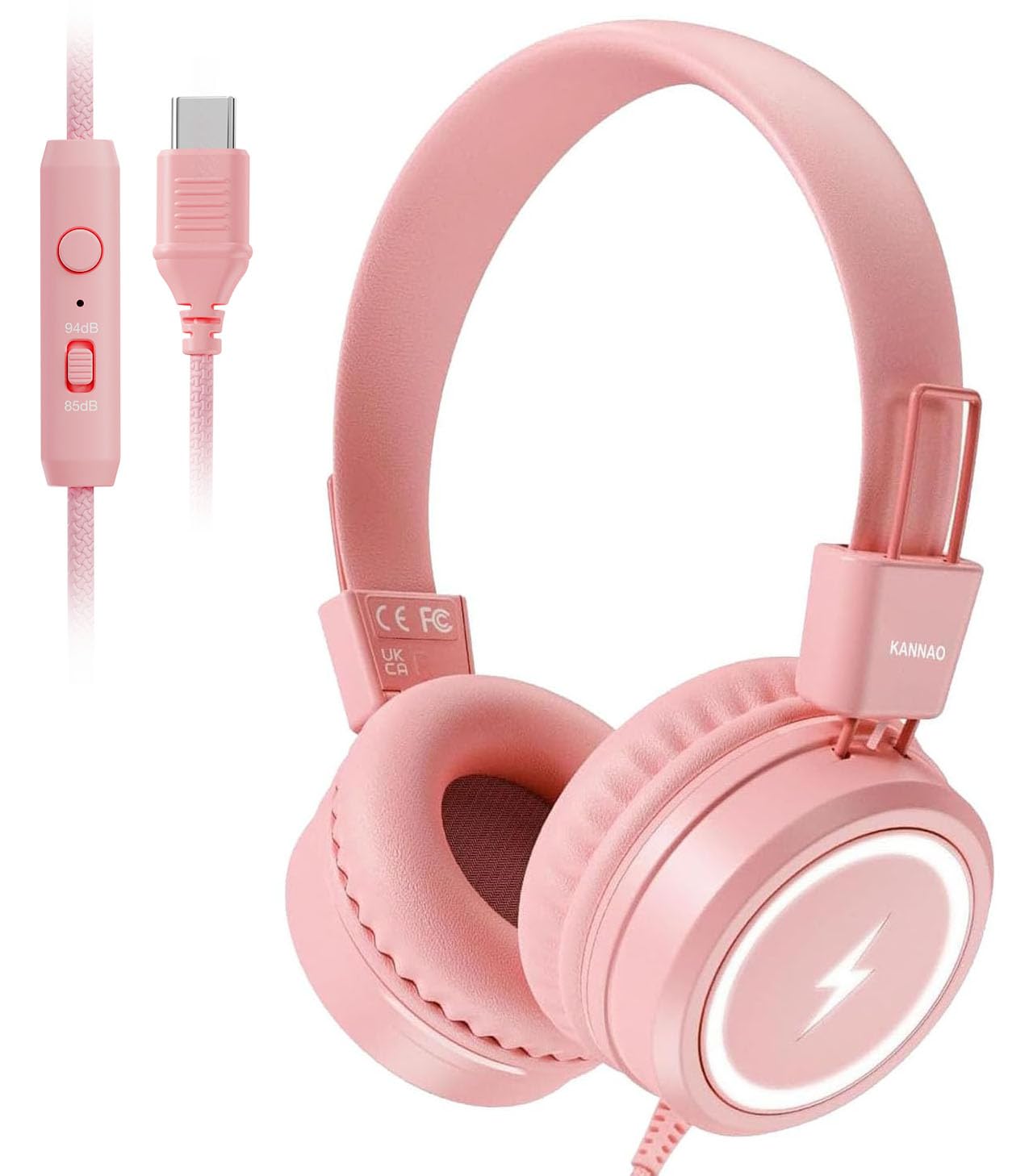 Kid Headphones for School, USB Type C Kids Headphone with LED Lights, Wired Boys Girls Headphones with Safe Limiter 85dB/94dB, Foldable On Ear Headphones with Microphones for Girls, Boys, iPad-Pink