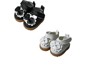 QIXINGWISE 2 Pairs 17cm Doll Shoes, Mini Mary Jane Leather Doll Shoes with Bow Decor for 15cm 17cm Doll, Cute Doll Clothes & Outfit Accessories for 6.7 Inches Dolls (White & Black)