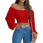 MIRACMODA Woman Off Shoulder Ruched Tie Back Crop Top Summer Lantern Sleeve Boho Shirt Blouse