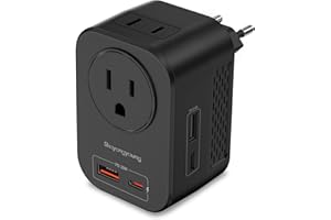 Shayangyoung 220V to 110V 20W PD Voltage Converter US to Europe International Universal Travel Adapter with 2 USB A 2 Type-C Port Worldwide Power Converters Plug Combo for Spain Italy (Black)-VB