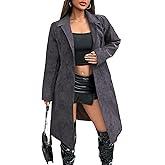 Gudasuo Leather Jacket Women Trench Coat Long Loose Button Lined Jacket Open Front Faux Motorcycle Coat with Belt