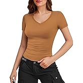 Womens Casual Basic Summer Autumn White Black Short Sleeve V Neck T Shirts Slim Fit Tees Plain Going Out Y2k Plain Cute Sexy Crop Tops Tight Fitted Compression Baby Tee Shirts Trendy Clothes 2024