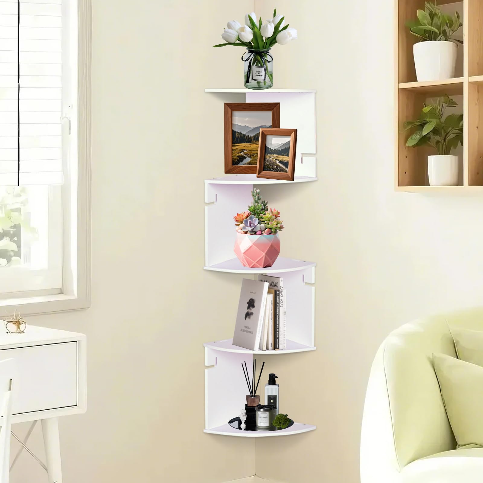 Photo 1 of ***FOR PARTS ONLY/DAMAGED PIECES*** ShellKingdom Corner Shelf Wall Mount, 5 Tier Corner Bookshelf, Floating Display Shelves for Home, Living Room, Bedroom, Office, Bathroom, Small Spaces Decorations, 7.87 X 7.87 X 33.46 INCHES (White)