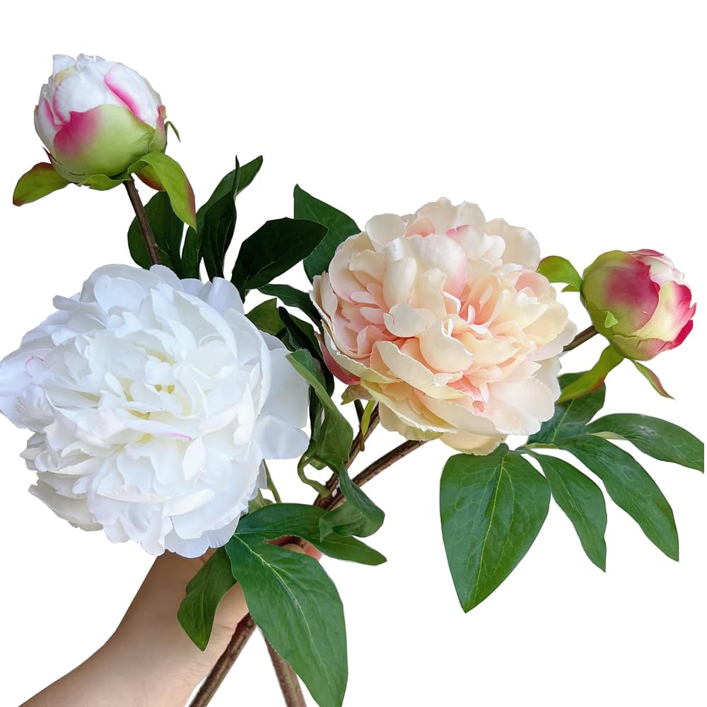 Artificial Peony 4PCS Vintage Silk Flowers Fake Peonies with Stems for Wedding Decoration Bridal Bouquet Arrangement (White)