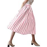 chouyatou Women's Vertical Striped Pleated Skirt Casual Elastic Waist A Line Swing Midi Long Skirt with Pockets