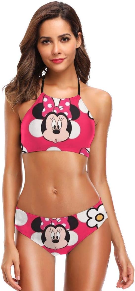 KINUNKN Womens Halter Bikini Set Minnie Mouse with Flower Printing High Neck 2 Piece Swimsuits Padded Swimwear Bathing Suit