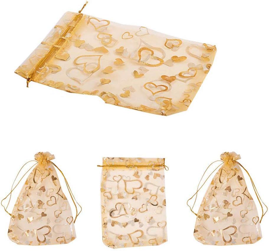 Formemory Pack of 100 Organza Gift Bags Wedding Favour Bags Drawstring Jewelry Pouch for Wedding Party Shower Birthday Christmas Jewelry DIY Craft, Gold Heart