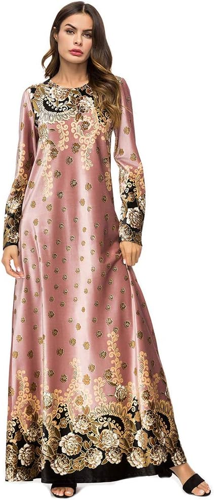 Women's Loose Crewneck Gold Tribal Ethnic Print Casual Dress Party Maxi Dress