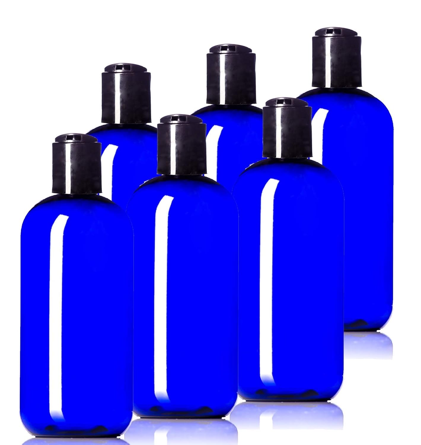 8oz Plastic Cobalt Blue Bottles (6 Pack) BPA-Free Squeeze Containers with Disc Cap, Labels Included