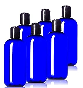8oz Plastic Cobalt Blue Bottles (6 Pack) BPA-Free Squeeze Containers with Disc Cap, Labels Included