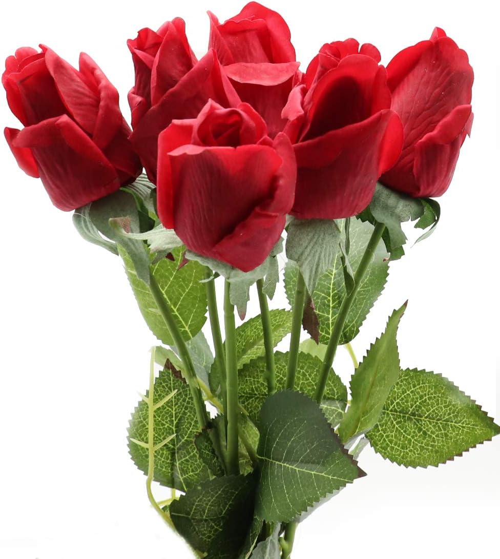 CCUCKY 6pcs Artificial Roses, Real Touch Flowers, Perfect for Wedding Anniversary, Home, Office Decoration DIY (Red)