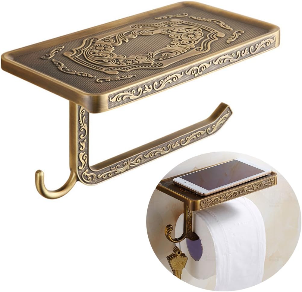 PERTTY Bronze Toilet Paper Holder Stand With Phone Shelf Wall Mounted Bathroom Paper Holder And Hook