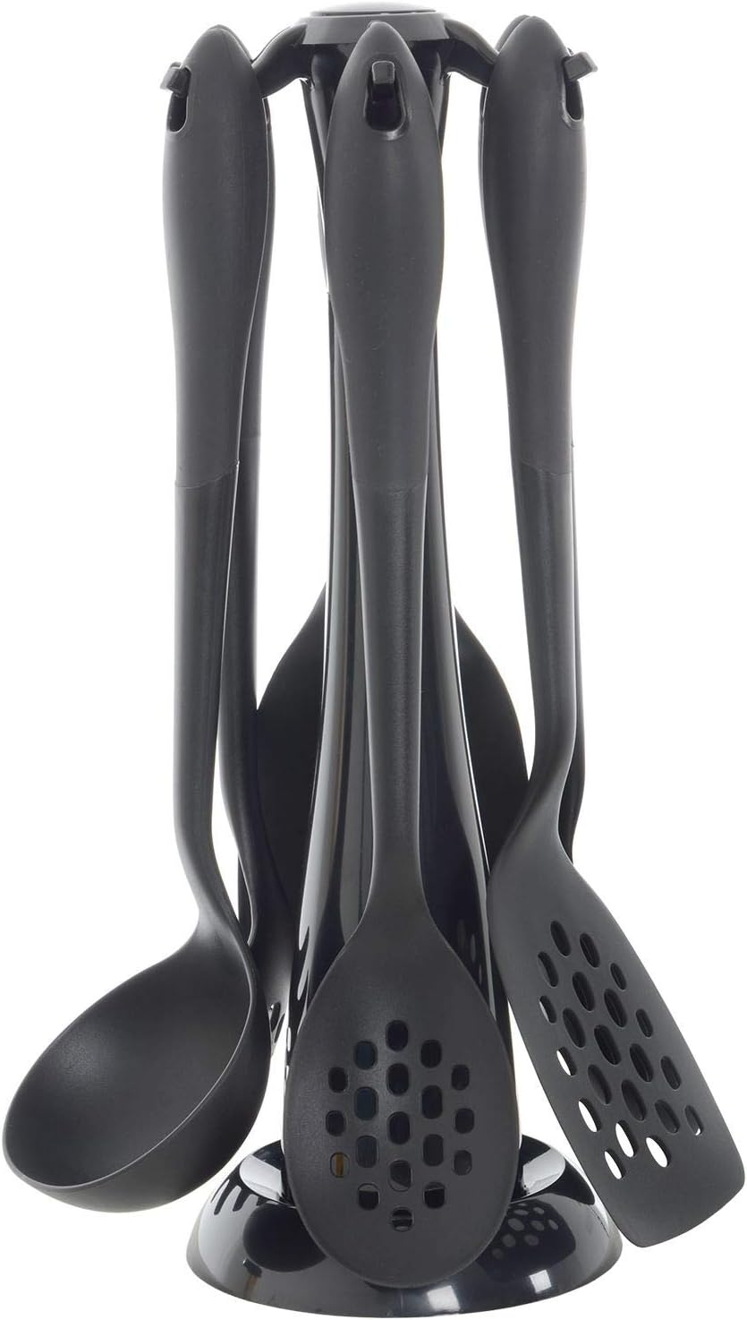 XSS 6-Piece Black Kitchen Utensils Set - Plastic Free, Nylon, Triangular, Rectangular, Serving, Dishwasher Safe
